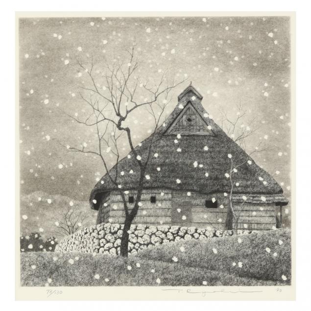tanaka-ryohei-japanese-1933-2019-etching-of-a-japanese-house-in-the-snow