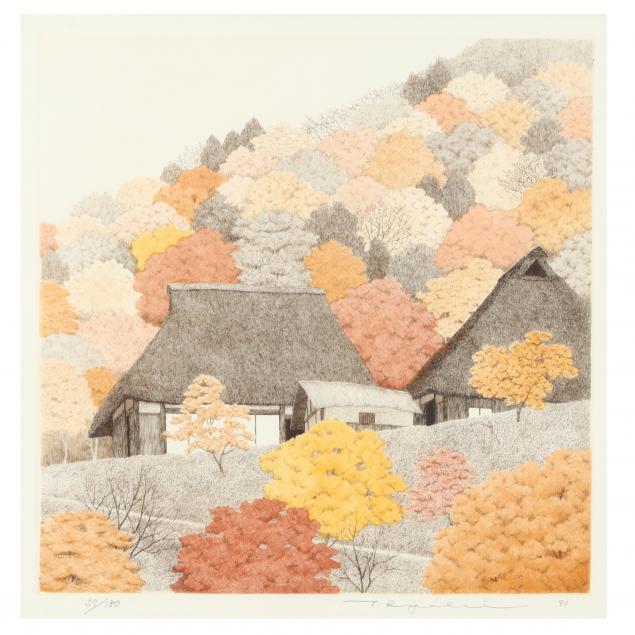 tanaka-ryohei-japanese-1933-2019-colored-mezzotint-of-japanese-countryside-in-autumn