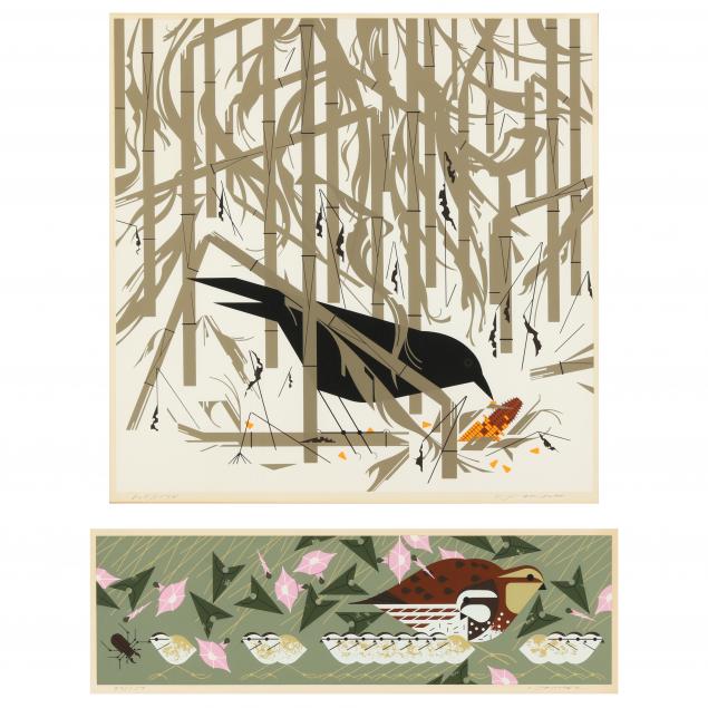 charley-harper-american-1922-2007-i-bobwhite-family-i-i-crow-in-the-snow-i-two-works