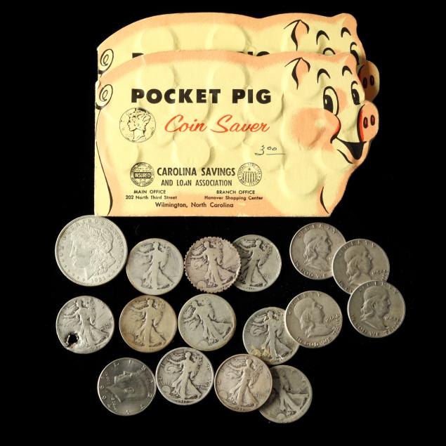 damaged-and-worn-silver-halves-a-silver-dollar-and-two-pocket-pig-coin-savers