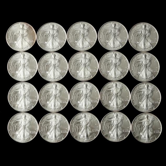 roll-of-twenty-20-brilliant-uncirculated-2005-american-silver-eagle-bullion-coins
