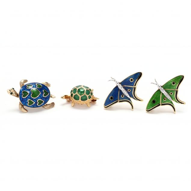 four-gold-and-enamel-whimsical-brooches
