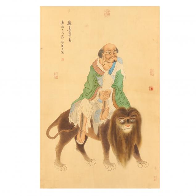a-chinese-painting-of-an-arhat-on-a-lion