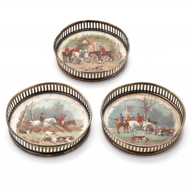 three-fox-hunt-themed-sterling-silver-rimmed-coasters