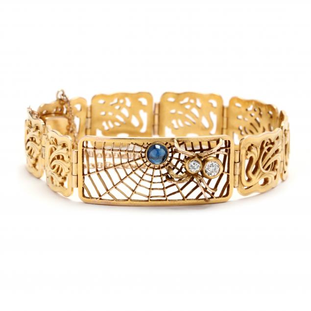 art-nouveau-gold-sapphire-and-diamond-spider-motif-bracelet