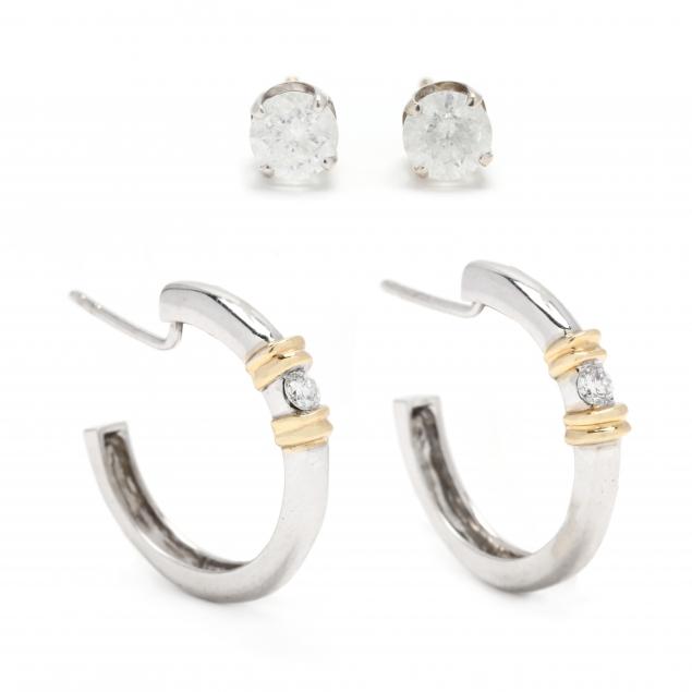 two-pairs-of-gold-and-diamond-earrings