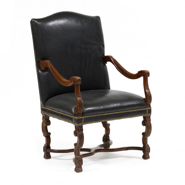 continental-style-carved-mahogany-and-leather-library-chair