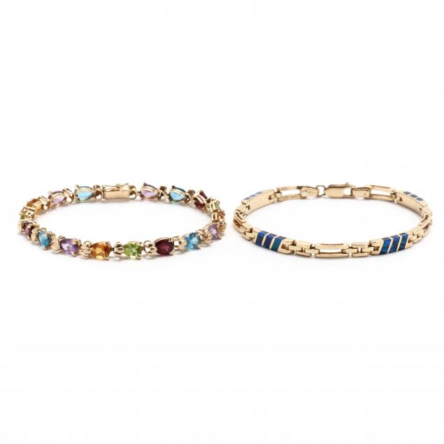 two-gold-and-gem-set-line-bracelets