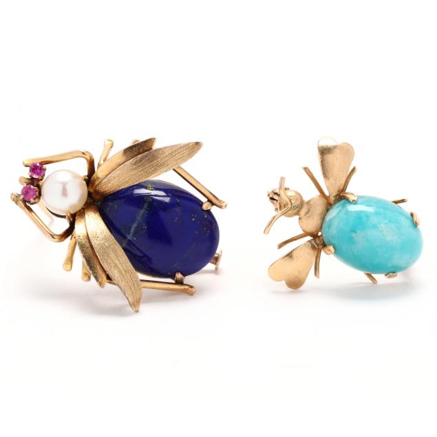 two-gold-and-gem-set-bee-brooches