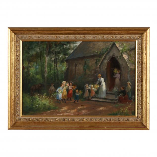 vintage-painting-of-women-and-children-outside-a-chapel