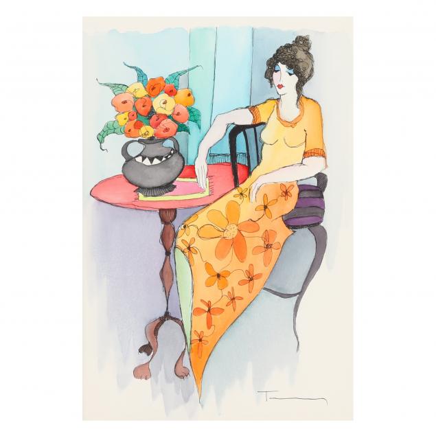 itzchak-tarkay-israeli-1935-2012-seated-woman-in-orange-with-flowers