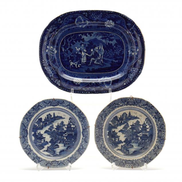 three-blue-and-white-transferware-pottery-plates