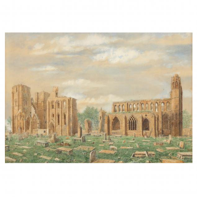 english-school-19th-century-watercolor-landscape-with-abbey-ruins-and-cemetery