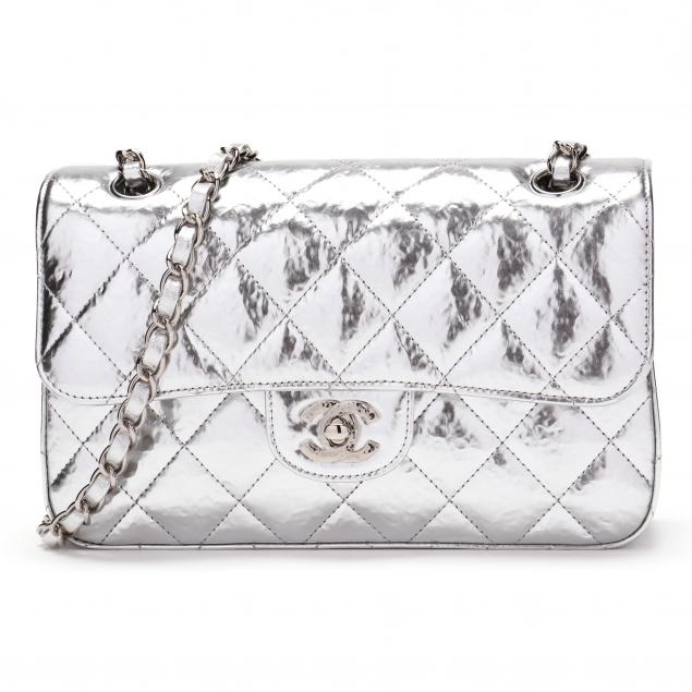 Chanel Classic M/L Medium Double Flap Black Lambskin Silver