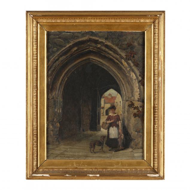 w-d-west-english-19th-century-woman-and-dog-in-a-stone-courtyard