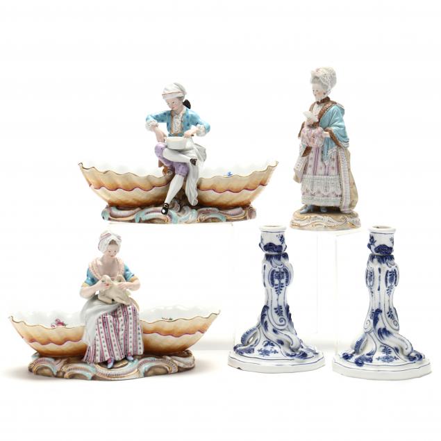 group-of-meissen-porcelain-figural-sweetmeats-a-figurine-and-a-pair-of-candlesticks