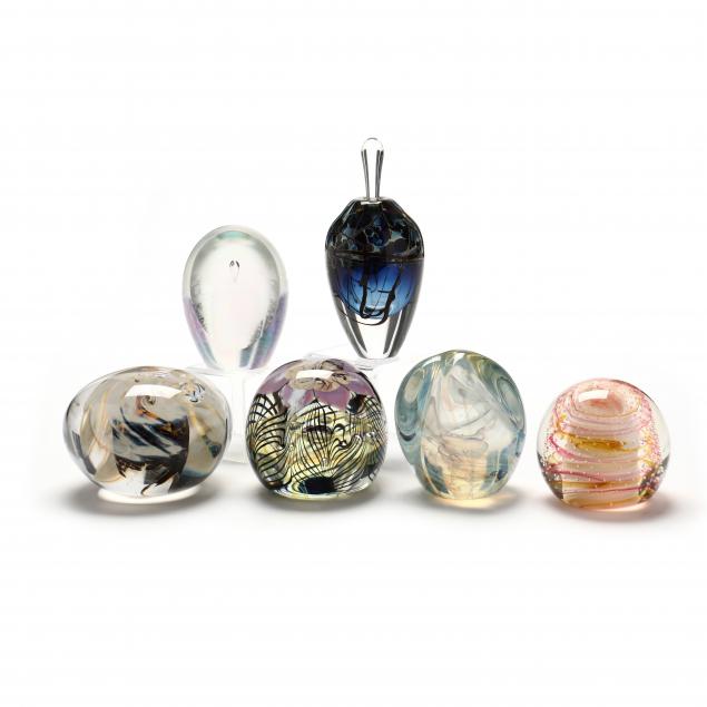 six-pieces-of-signed-paperweight-art-glass