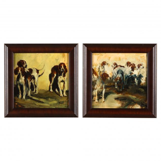 juli-kirk-american-b-1957-two-paintings-of-foxhounds