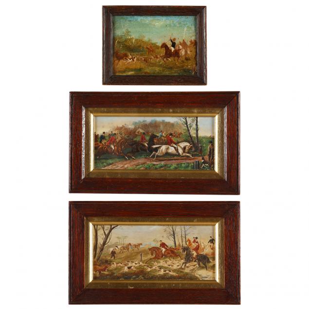 three-antique-miniature-hand-embellished-fox-hunting-prints