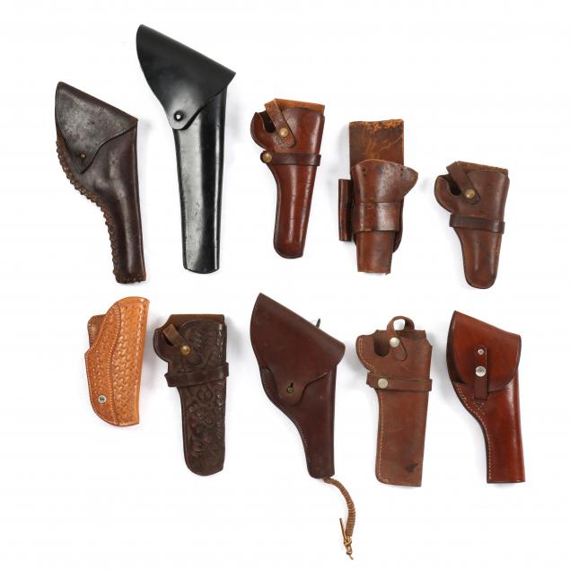 grouping-of-ten-vintage-leather-holsters