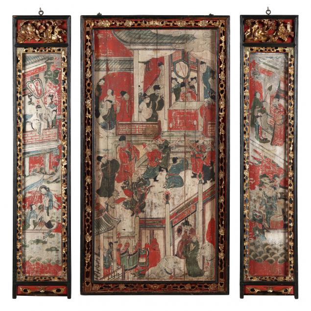 a-chinese-triptych-painting-on-board-with-giltwood-frames