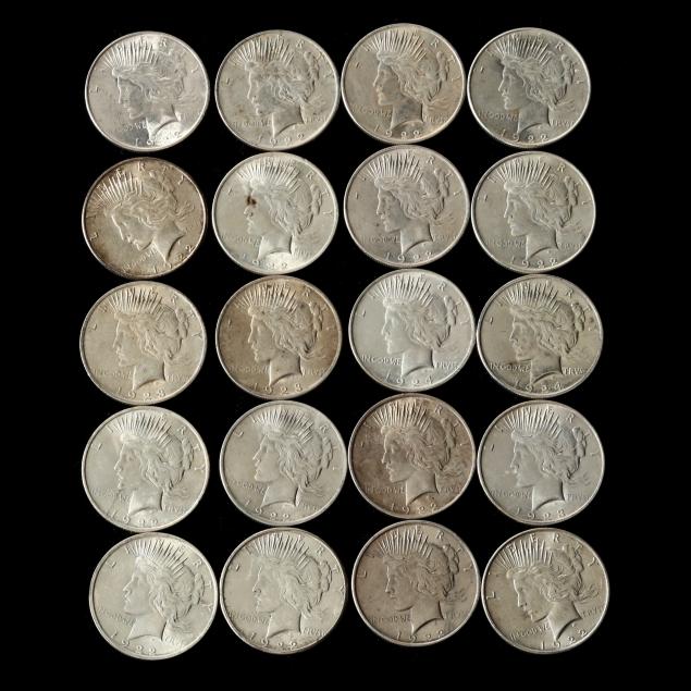 twenty-mixed-uncirculated-au-peace-silver-dollars