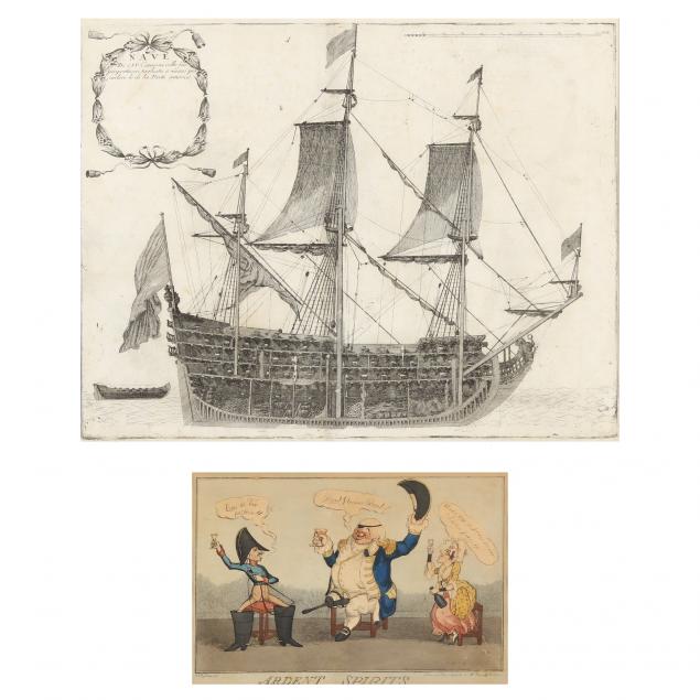 two-antique-european-prints-a-caricature-and-a-naval-portrait