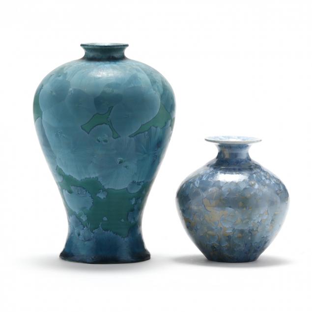 phil-morgan-pottery-seagrove-nc-b-1948-two-crystalline-vases