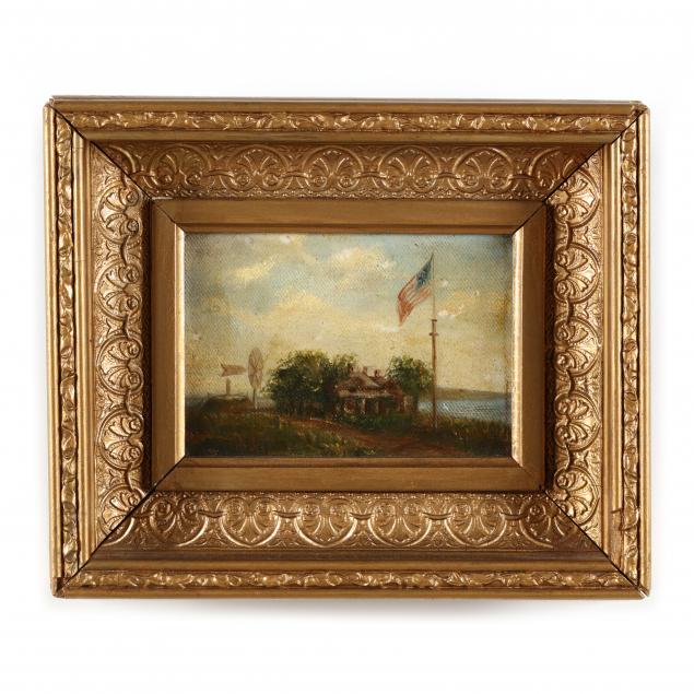 an-antique-painting-of-a-homestead-with-american-flag