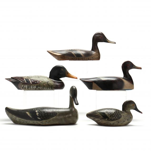 a-group-of-five-carved-display-duck-decoys