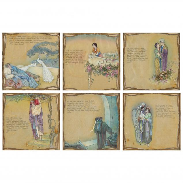 a-set-of-six-art-nouveau-paintings-on-silk