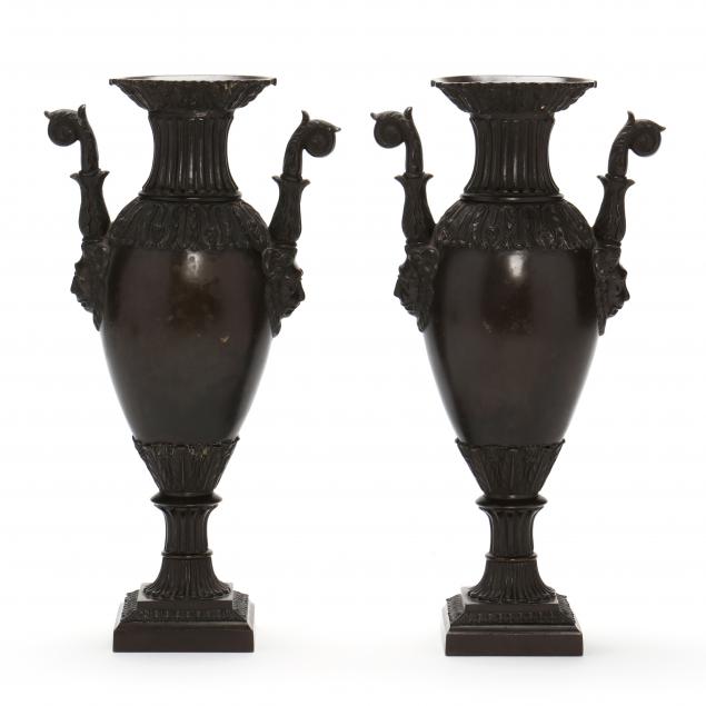 pair-of-continental-bronze-lion-mask-mantel-urns