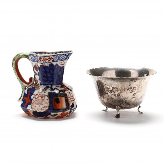 davenport-imari-stoneware-creamer-and-edwardian-silver-bowl