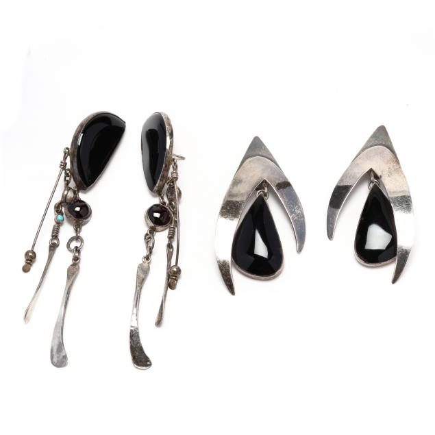 two-pairs-of-modernist-design-silver-and-gem-set-earrings