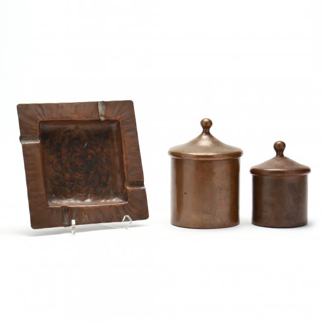 two-arts-and-crafts-lidded-copper-humidors-with-hammered-copper-ashtray