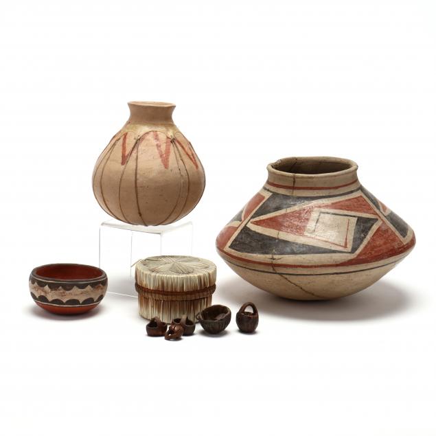 three-pieces-of-southwestern-native-pottery-and-a-porcupine-quill-box