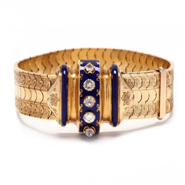 gold-diamond-and-blue-enamel-slide-bracelet