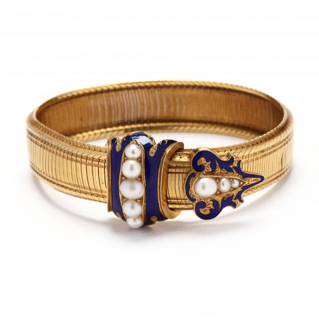 antique-gold-pearl-and-enamel-slide-bracelet