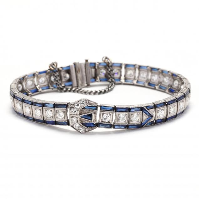 art-deco-platinum-diamond-and-synthetic-sapphire-buckle-motif-bracelet
