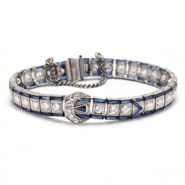 art-deco-platinum-diamond-and-synthetic-sapphire-buckle-motif-bracelet
