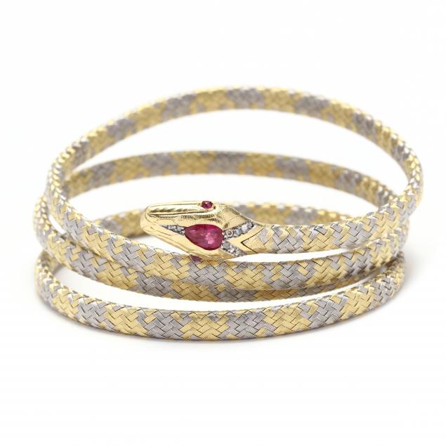 bi-color-gold-serpent-motif-gem-set-coil-bracelet