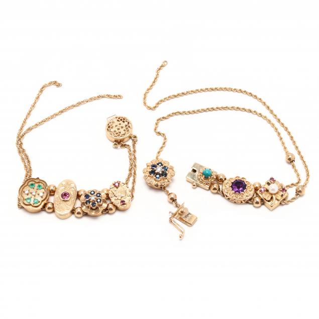 two-gold-and-gem-set-slide-charm-bracelets