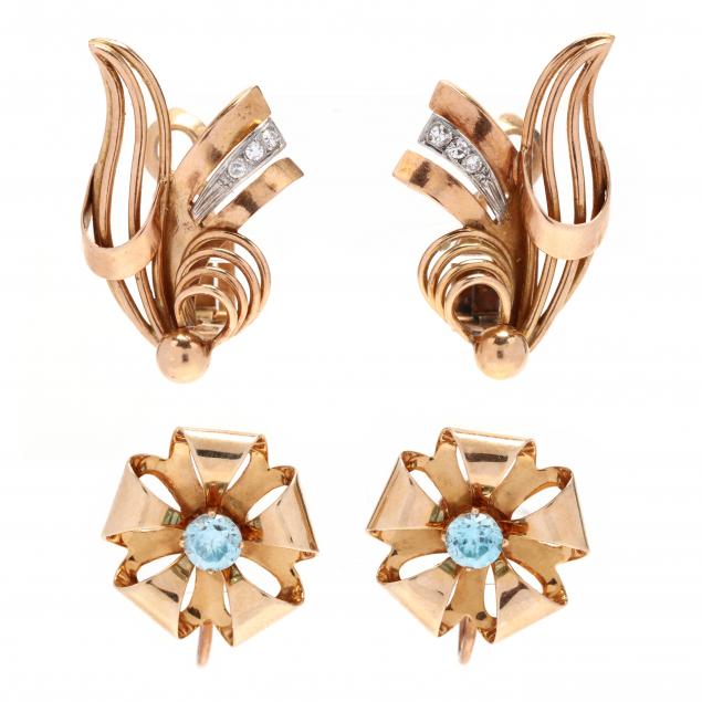 two-pairs-of-retro-rose-gold-and-gem-set-earrings