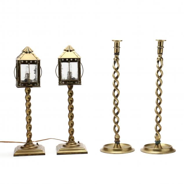two-electric-brass-lamps-and-two-tall-brass-candlesticks