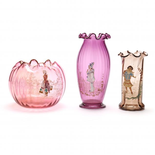 three-piece-of-vintage-cake-enamel-decorated-glass-vases