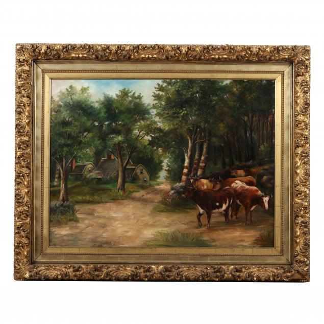 antique-american-school-painting-of-cattle-watering