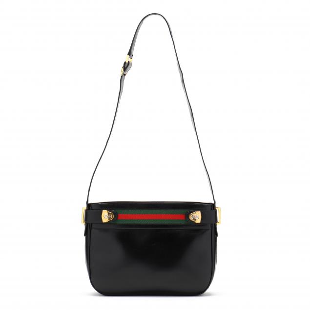 Lot - Gucci Vintage Black Suede Striped Shoulder Bag