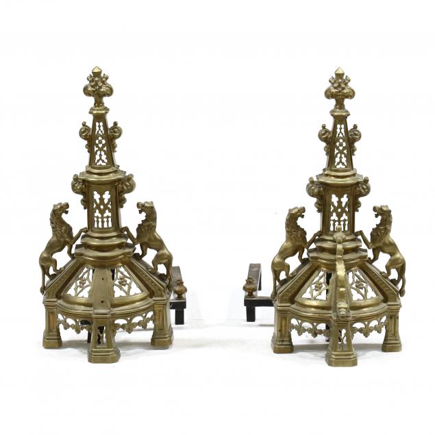 pair-of-gothic-style-brass-andirons