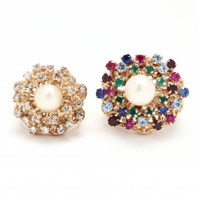 two-gold-pearl-and-gem-set-cocktail-rings