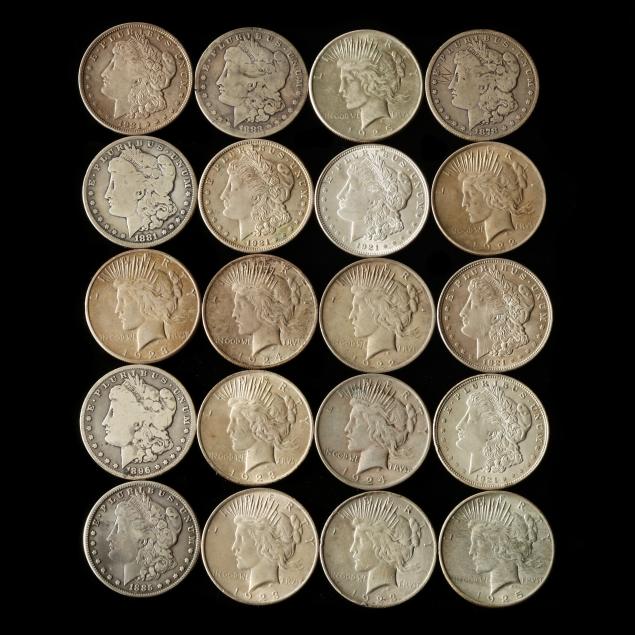twenty-20-mostly-circulated-morgan-and-peace-silver-dollars